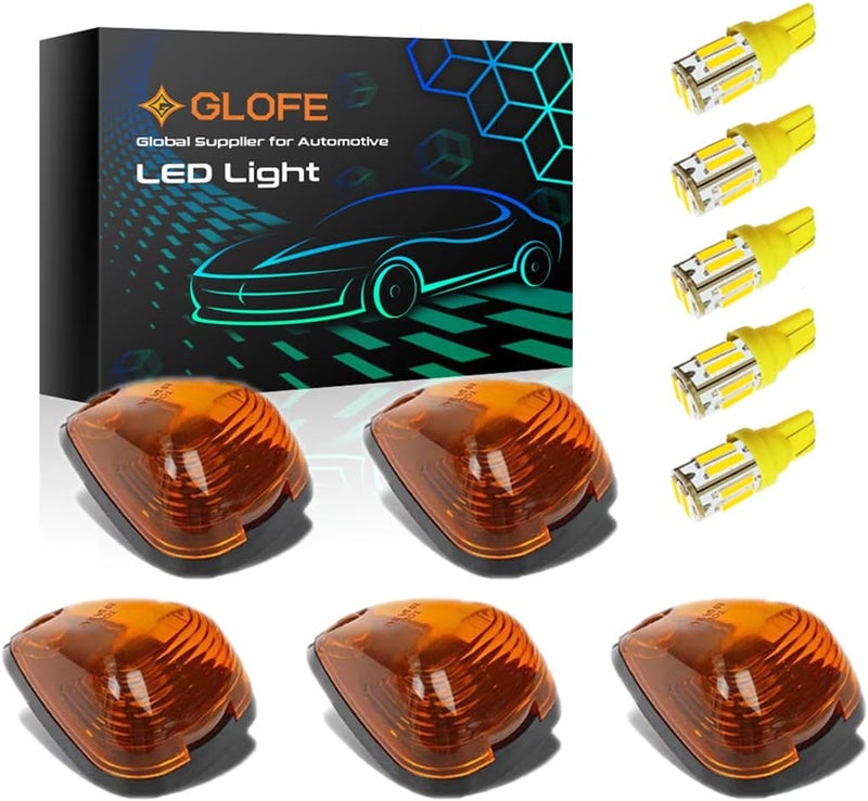 GLOFE 5X Cab Roof Marker Lights LED Amber Top Clearance Running Lights Compatible with Ford 1999-2016 F150 F250 F350 F450 F550 Super Duty Pickup Trucks SUV (5PCS, Amber Lens) - Image 1